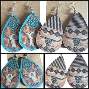 2 Pair Western Boho Teardrop Earrings with Turquoise and Brown Accents Cowgirl